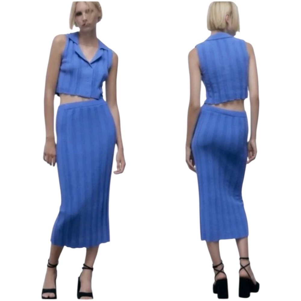 🌟NWT Zara Blue Knit Ribbed Pencil Skirt And Top